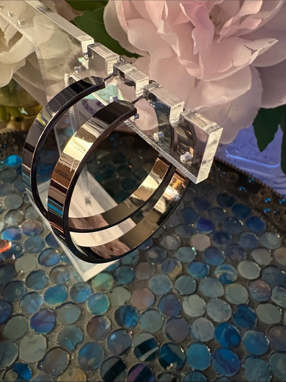 Silver Brown grey Hoop Earrings - Sleek Stainless Look